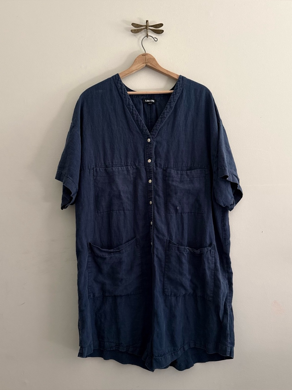 Ilana Kohn Linen Tuck Romper Navy Blue Button-Front with Pockets Womens 2X